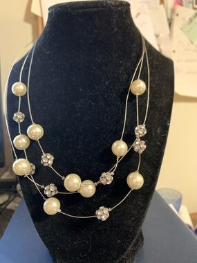 Elegant Pearl and Crystal Multi-Strand Necklace - Ivory